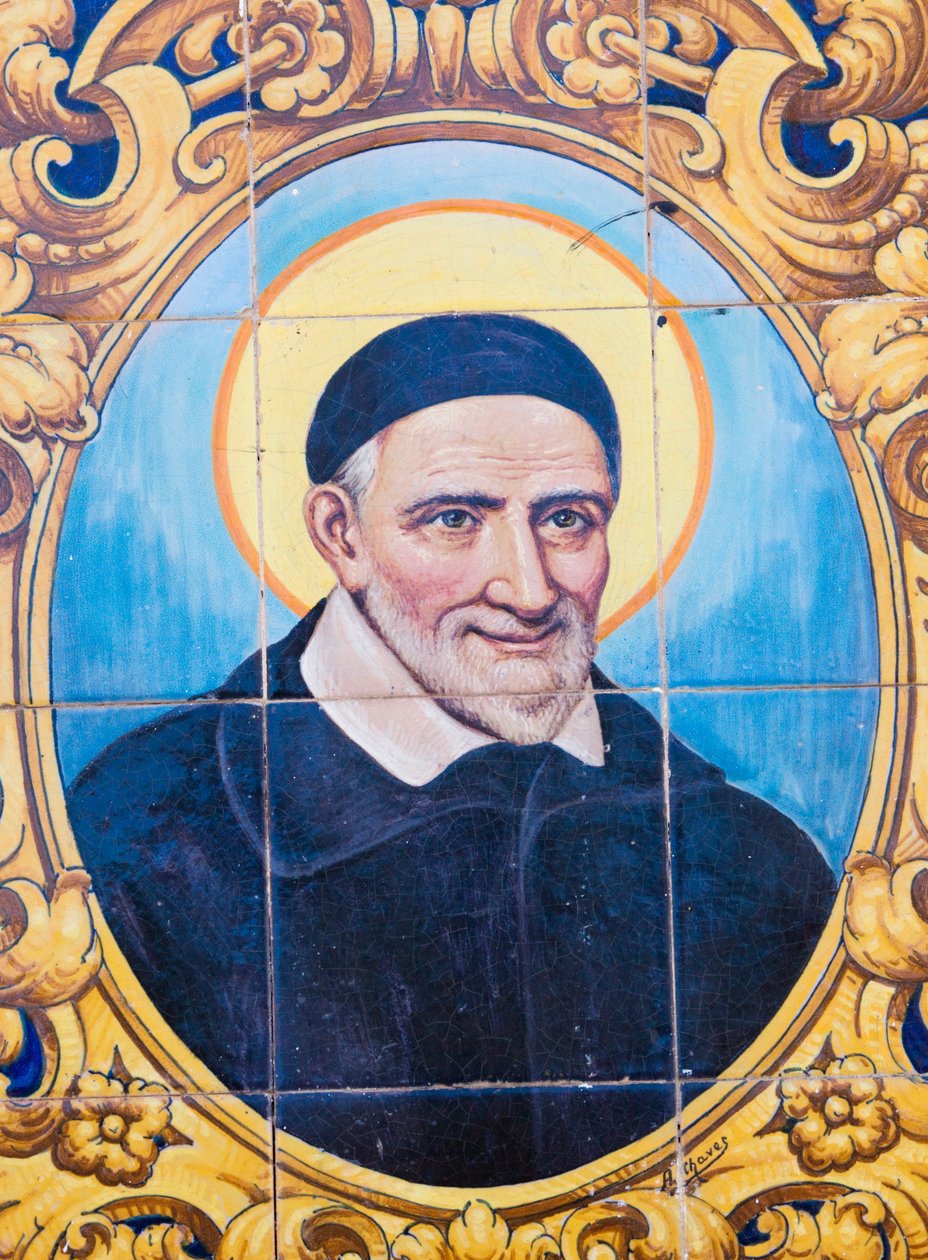 Paul Saint Vincent 1581-1660. francia katolikus pap és szent. Kerámia csempe de Paulról elnevezett utcához, Cordoba, Cordoba tartomány, Spanyolország. alkotó: Unknown