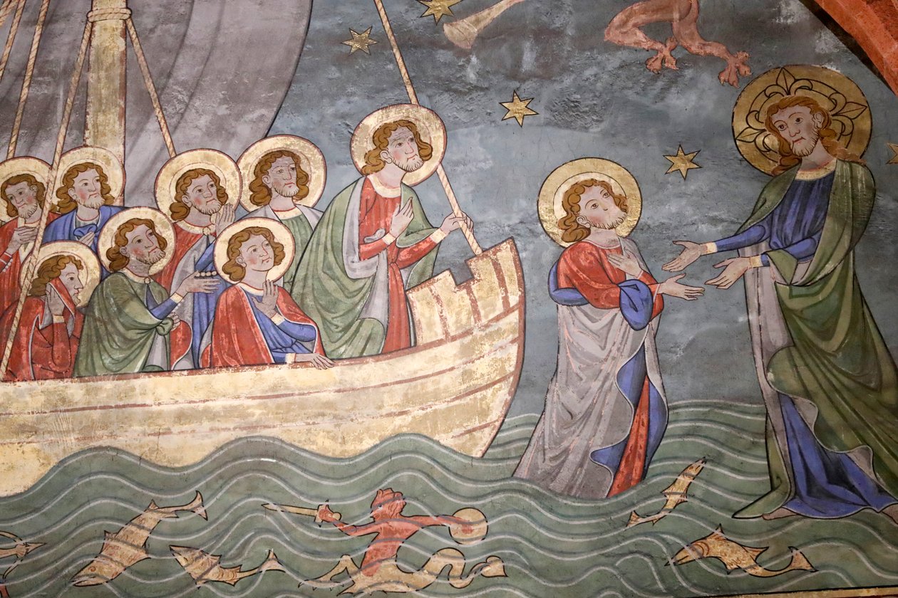 Saint-Pierre-le-Jeune protestáns templom, Tiberias-tó, vízen járó Krisztus és Szent Péter, Freskó, Strasbourg, Franciaország. alkotó: Unknown