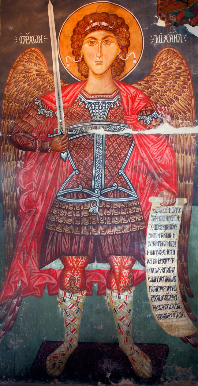 A bizánci freskó a 15. századból (részlet) Mihály arkangyal Falfestmény Mihály arkangyal templom Pedoulasban Ciprus Festett templomok UNESCO-hely Troodos, Ciprus alkotó: Unknown
