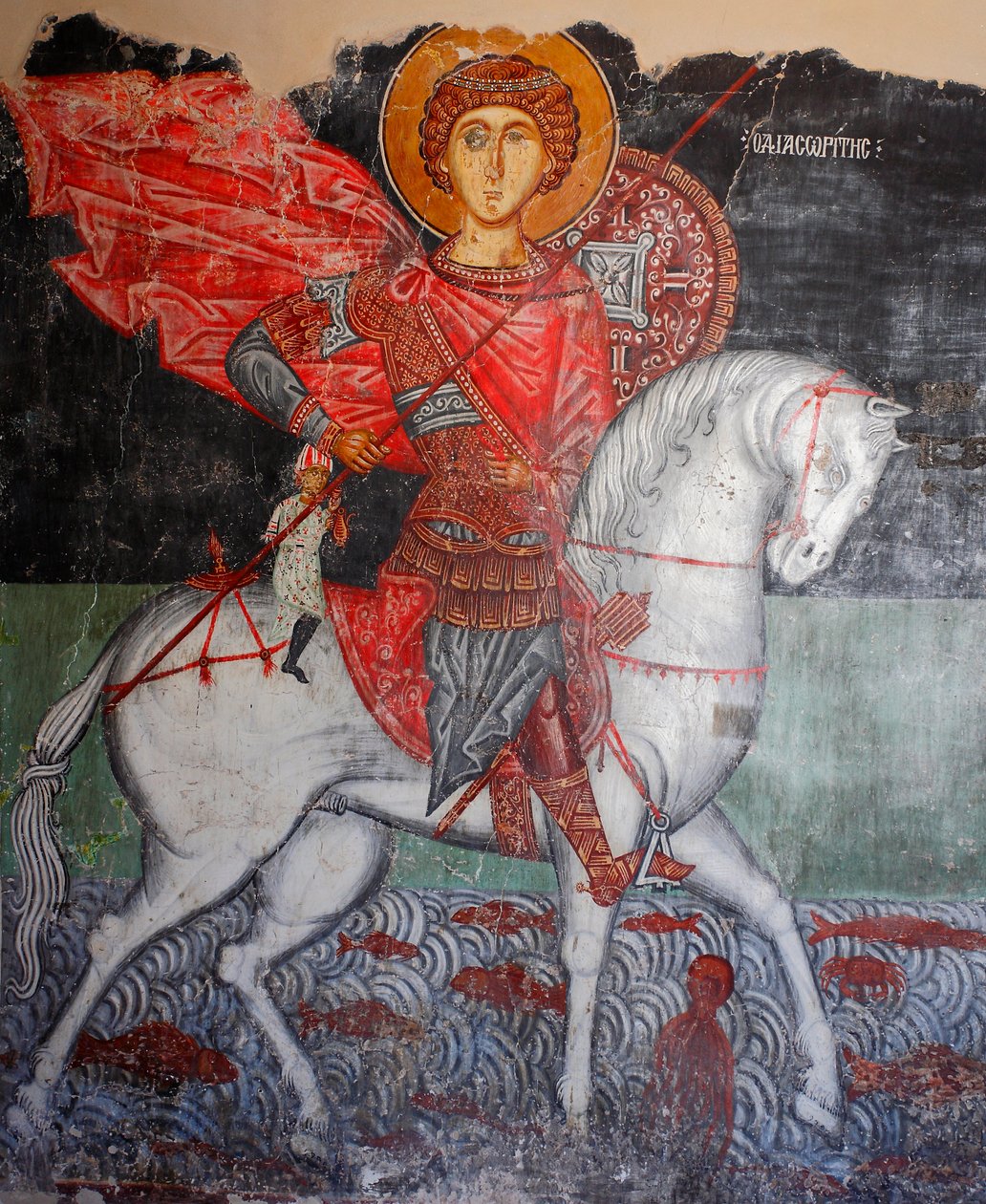 A bizánci freskó a 15. századból (részlet) Szent György falfestmény Mihály arkangyal templom Pedoulasban Ciprus Festett templomok UNESCO-hely Troodos, Ciprus alkotó: Unknown
