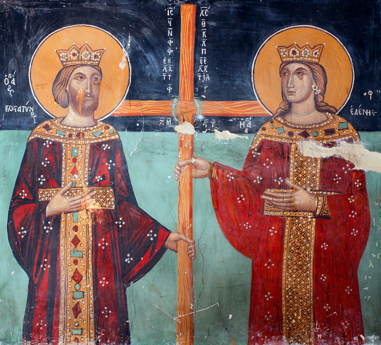 A 15. századi bizánci freskó Konstantin császár és édesanyja Heléna falfestmény Mihály arkangyal kápolna, Galata falu Ciprus Festett templomok UNESCO-hely Troodos, Ciprus alkotó: Unknown