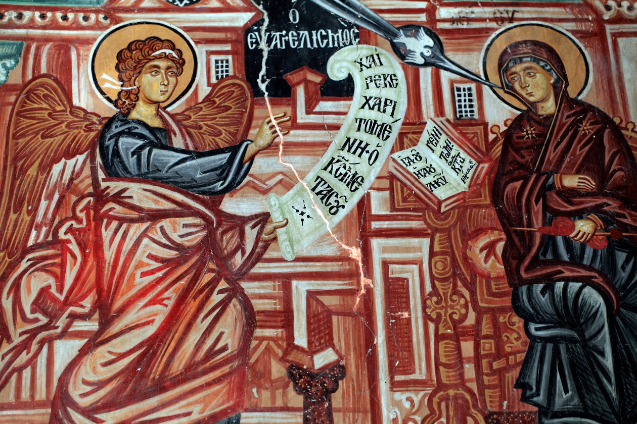 A bizánci freskó a 15. századból Angyali üdvözlet a Boldogságos Szűz Máriának Falfestmény Mihály arkangyal templom Pedoulasban Ciprus Festett templomok UNESCO-hely Troodos, Ciprus alkotó: Unknown