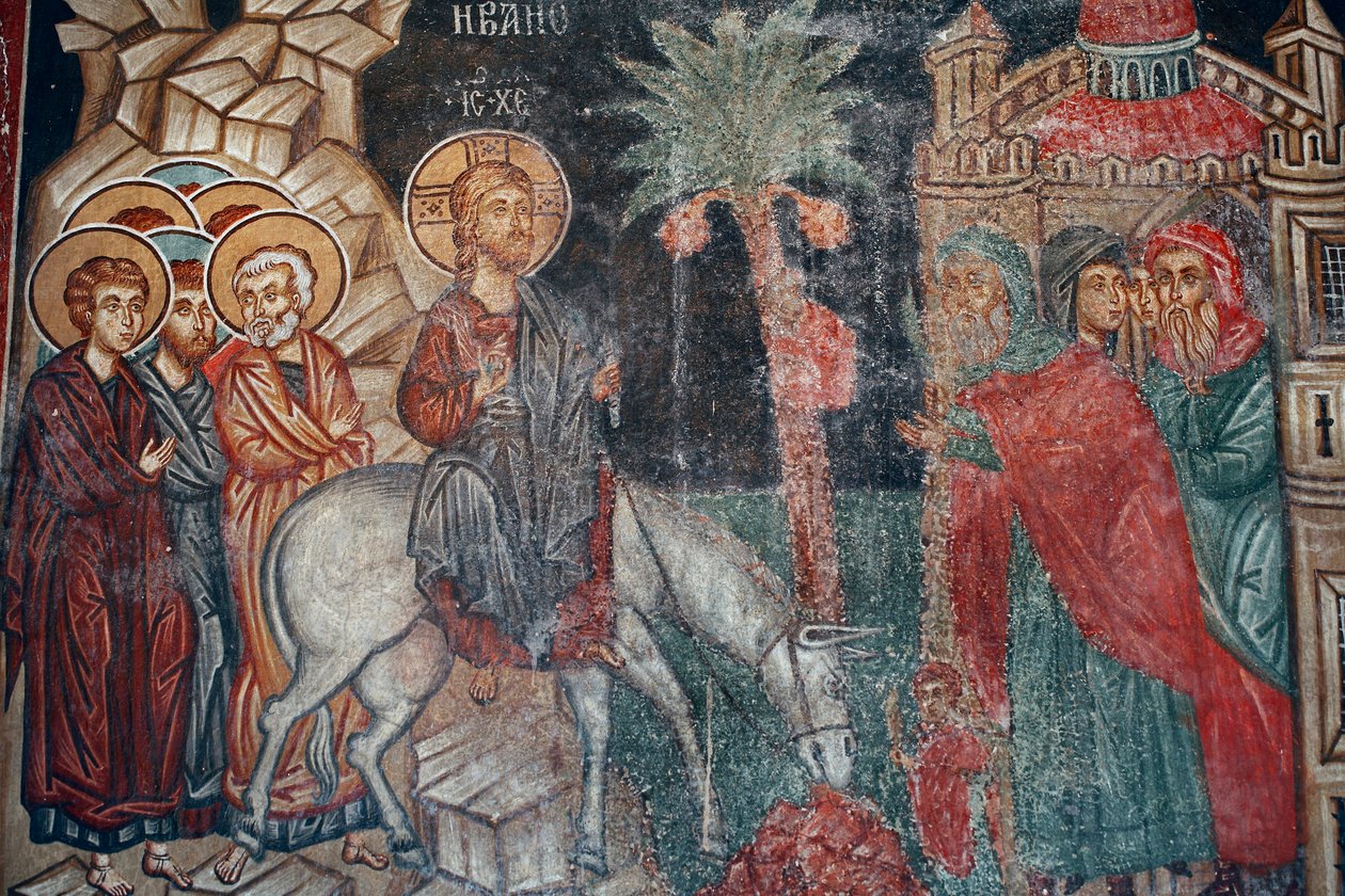 A bizánci freskó a 15. századból Belépés Jeruzsálembe Falfestmény Mihály arkangyal templom Pedoulasban Ciprus Festett templomok UNESCO-hely Troodos, Ciprus alkotó: Unknown