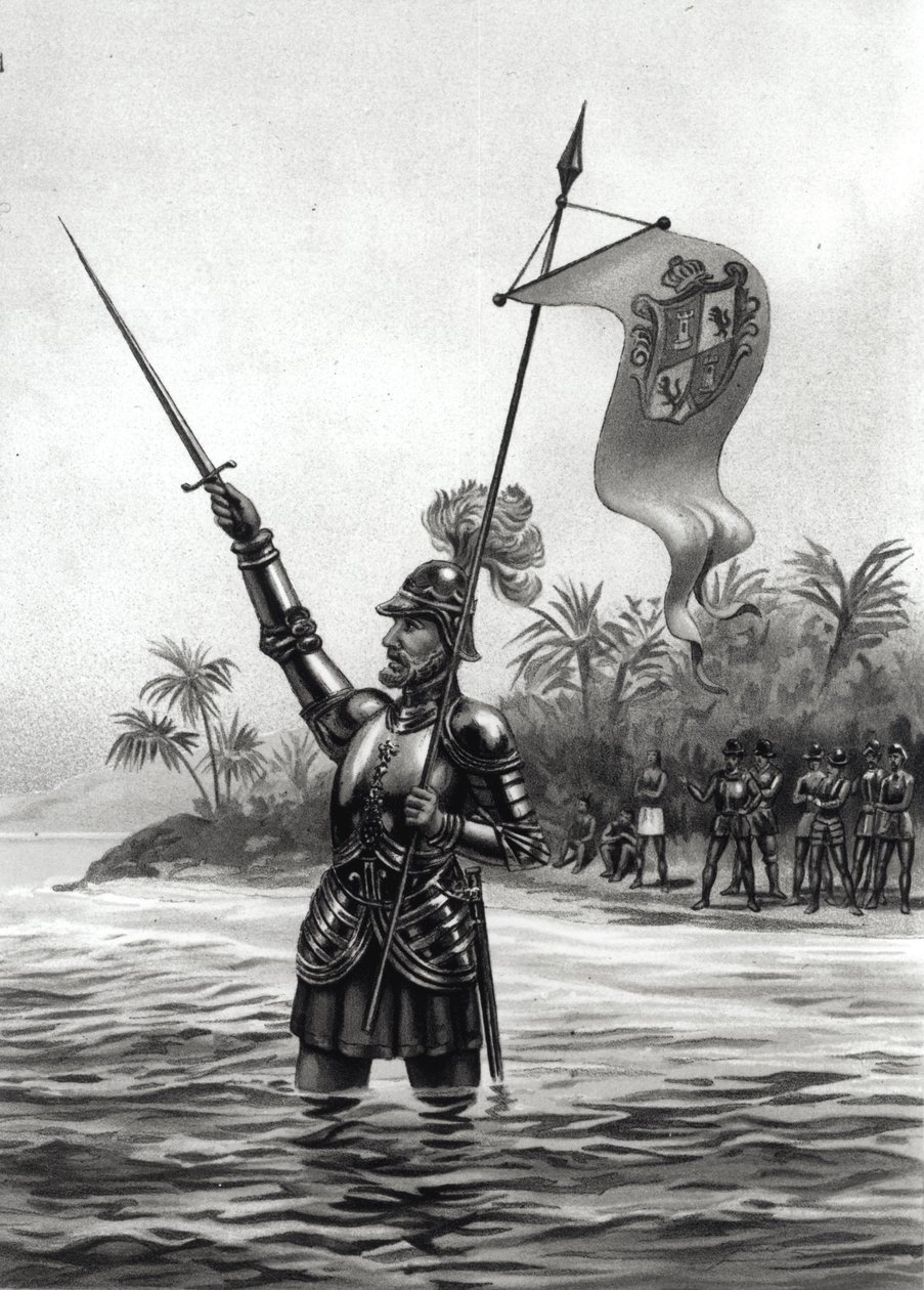 Balboa uralmat követel a Déli-tenger felett, 1513. szeptember 25., „Az amerikai kontinens és lakói Kolumbusz felfedezése előtt”, Anne C. Cady (litho) 1893 (bundw fotó) alkotó: American School
