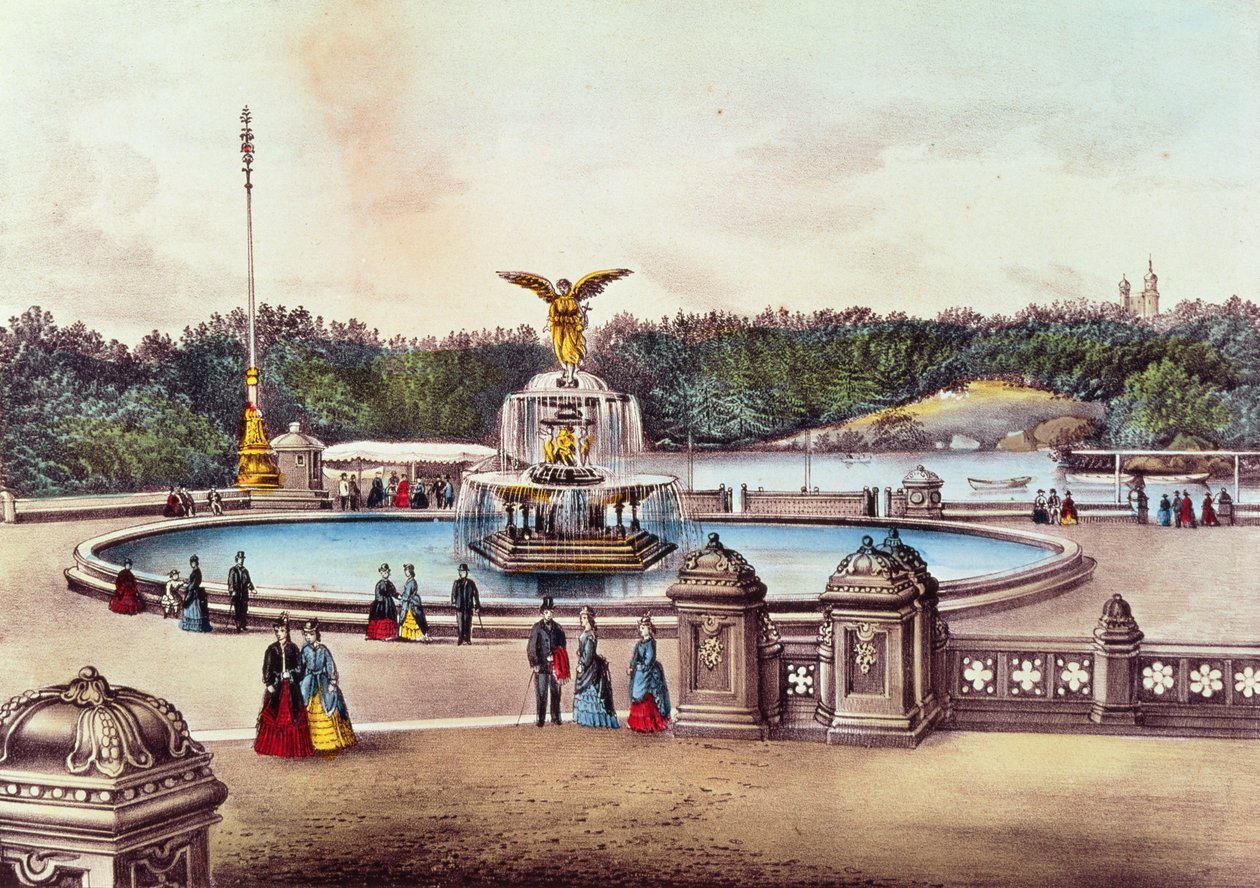 Bethesda Fountain, Central Park, New York, kiadó: Nathaniel Currier (1813-88) és James Merritt Ives (1813-88) (színes litó) alkotó: American School