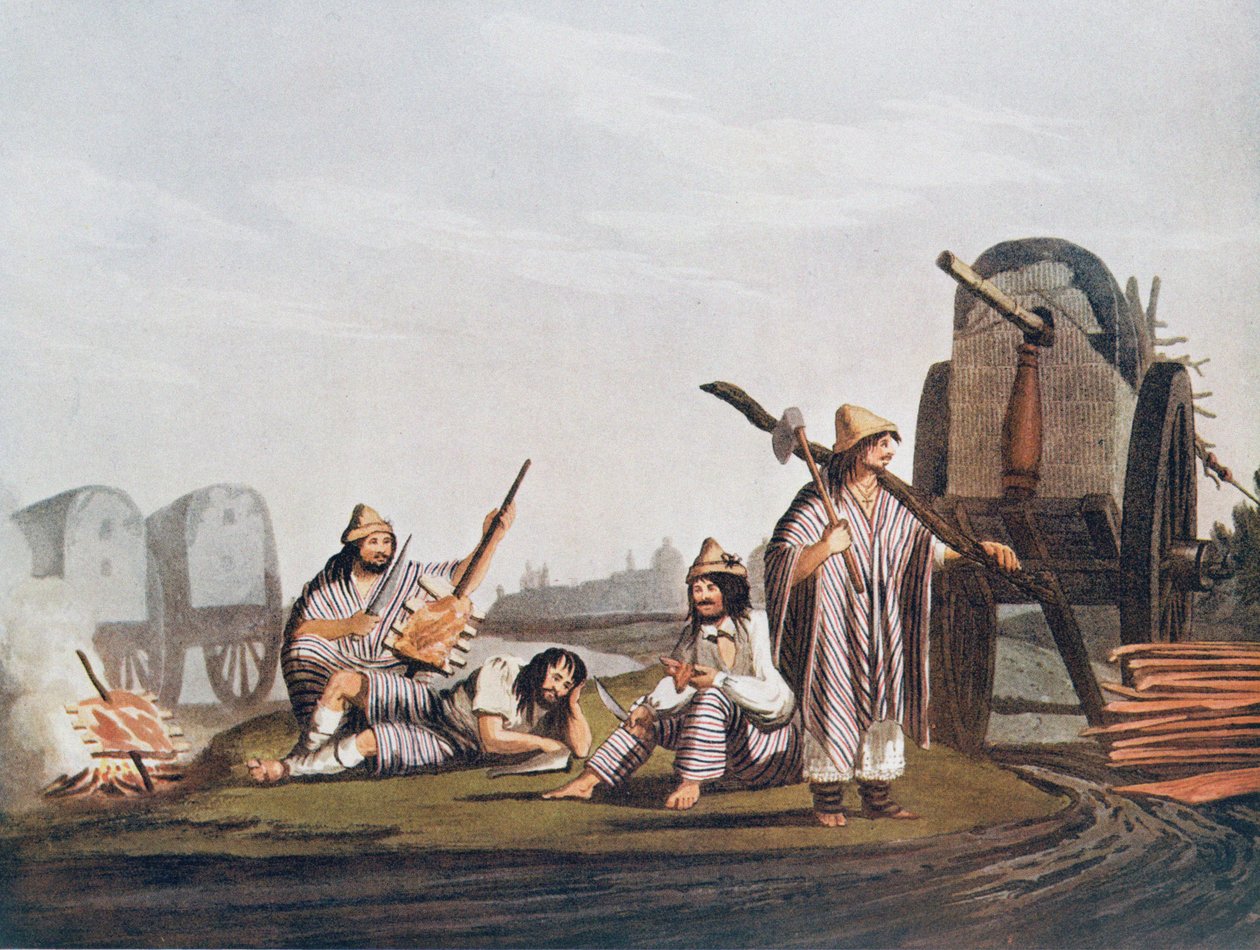 Gauchos of Tucuman, Vidal „Buenos Aires és Montevideo festői illusztrációi” című kocsmából reprodukálva. 1820-ban a „The Romance of the River Plate” című kötetből II, W. H. Koebel, 1914 alkotó: American School