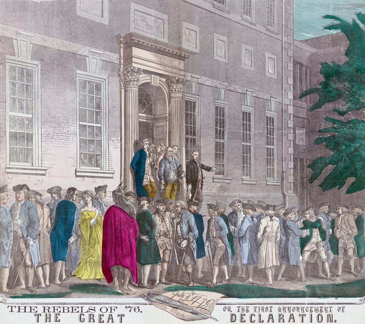 1776. július 4-én a Második Kontinentális Kongresszus tagjai elhagyják a philadelphiai függetlenségi csarnokot, miután elfogadták a függetlenségi nyilatkozatot Nagy-Britanniától, egy 19. századi nyomtatványon (colou alkotó: American School