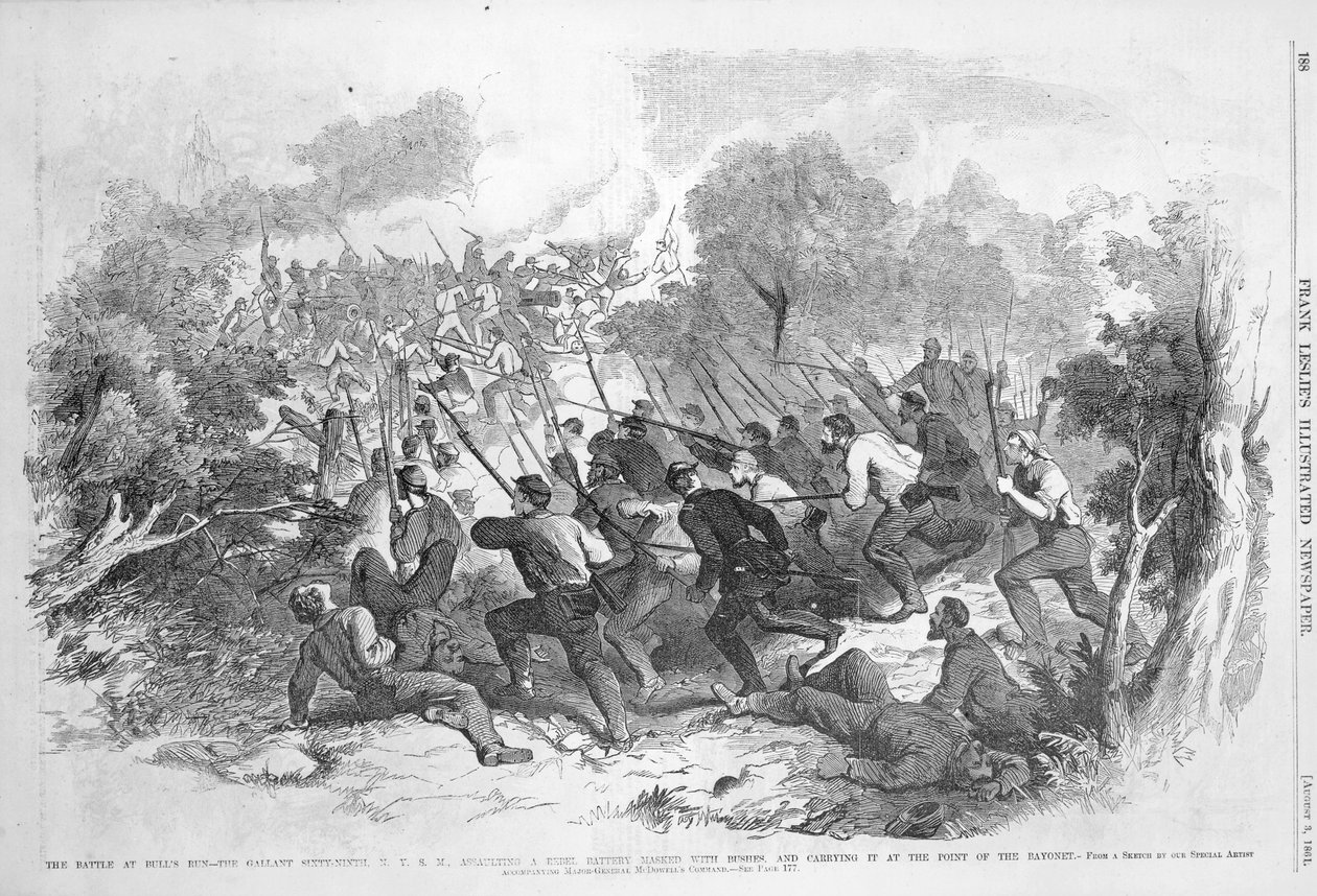 The Battle at Bull Run: The Gallant Sixty Ninth N.Y.S.M. Bokrokkal álarcos lázadó üteg megtámadása és a bajonett pontnál való szállítása, a "Frank Leslie