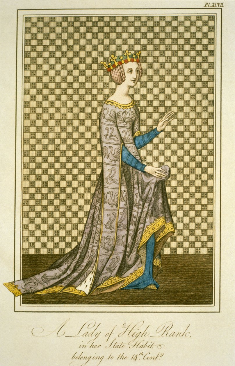 Egy 14. századi rangú hölgy állami köntösben, The Complete View of the Complete View of the Dress and Habits of the England, 2. kötet, Joseph Strutt, 1799 (színes metszet) alkotó: English School