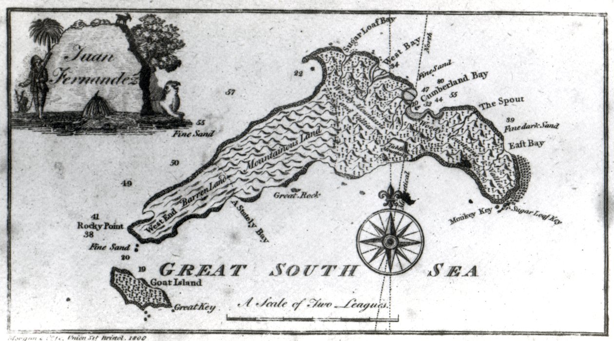 Juan Fernandez szigetének térképe, amelyet Isaac James „Providence Displayed: or The Remarkable Adventures of Largo, Skócia” nyomtatott ki, 1800. alkotó: English School