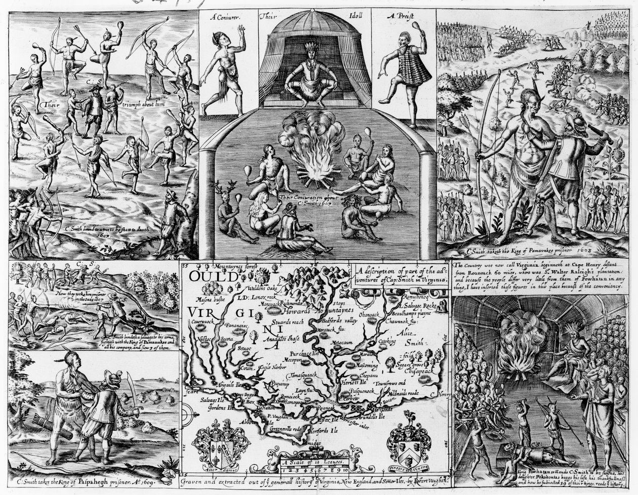 – Cap. kalandjai egy részének leírása. Smith Virginiában”, illusztráció Smith „Virginia, Új-Anglia és a nyári szigetek általános történelméből”, Robert Vaughan metszet (fl.1622-7) alkotó: English School