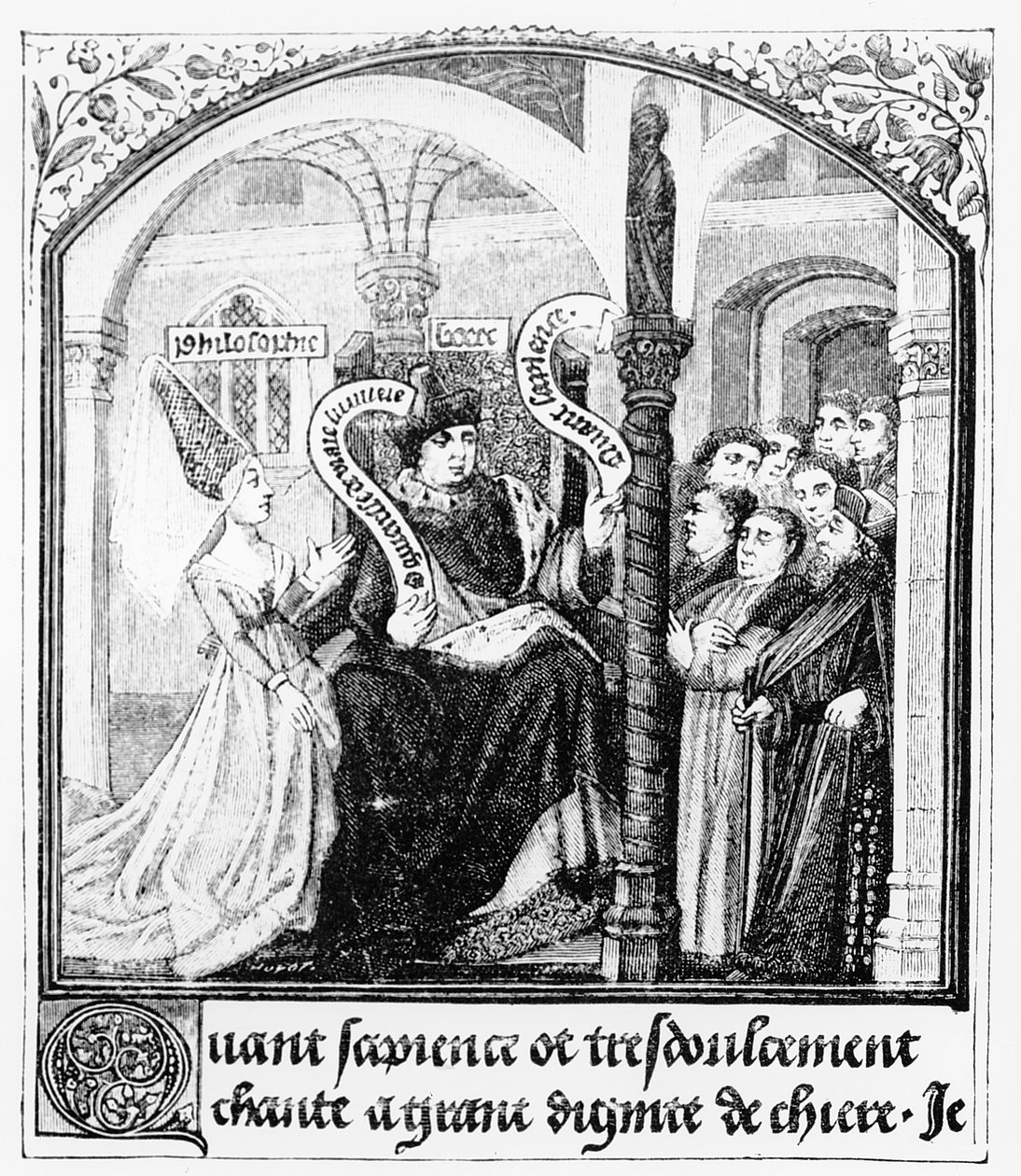 Boethius (480-524) megfogadja a Dame Philosophy tanácsát, miniatűr a „De Consolatione da Philosophiae”-ból, Jean de Meung fordításában, illusztráció a „Középkor tudománya és irodalma és alkotó: English School