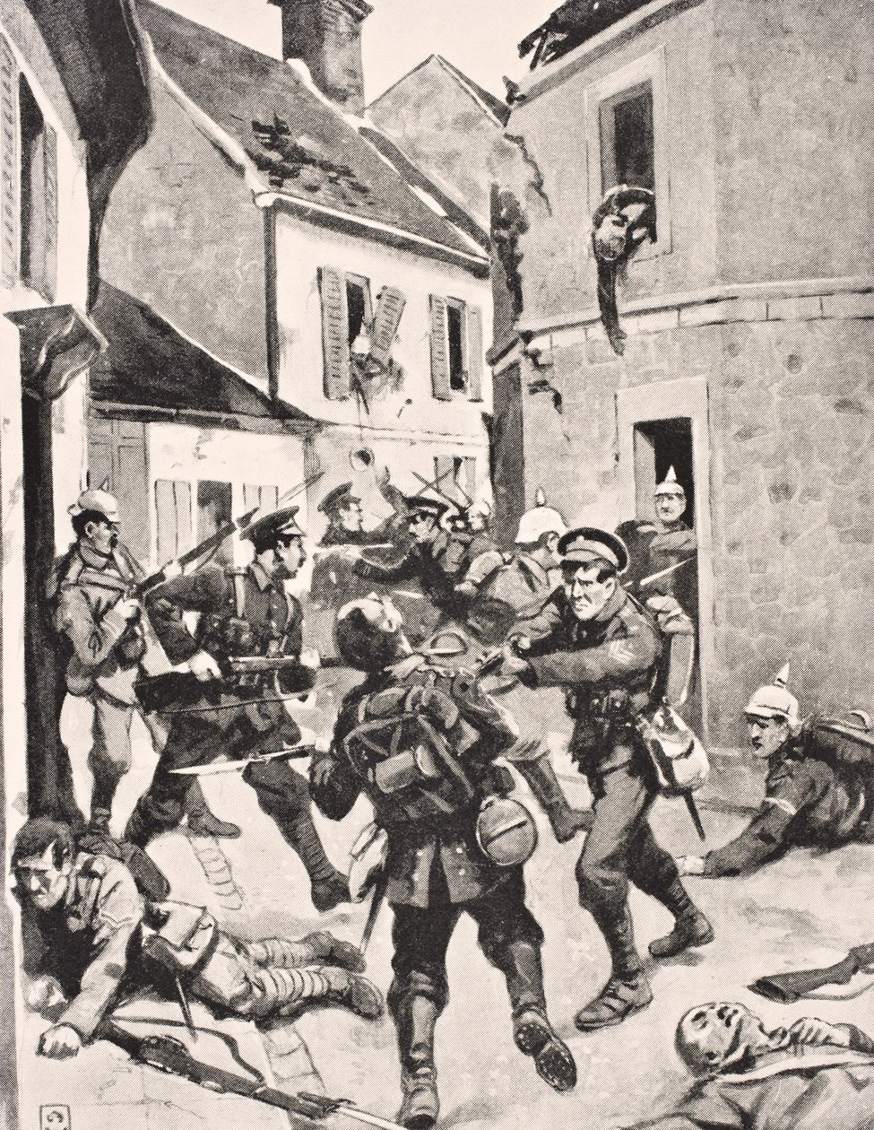 Brit és német katonák kéz a kézben harcoltak a franciaországi Loos 1915. szeptember 25-i lerohanása során, a „The War Illustrated Album deLuxe” című kiadványból, amelyet Londonban adtak ki, 1916 (litho) alkotó: English School