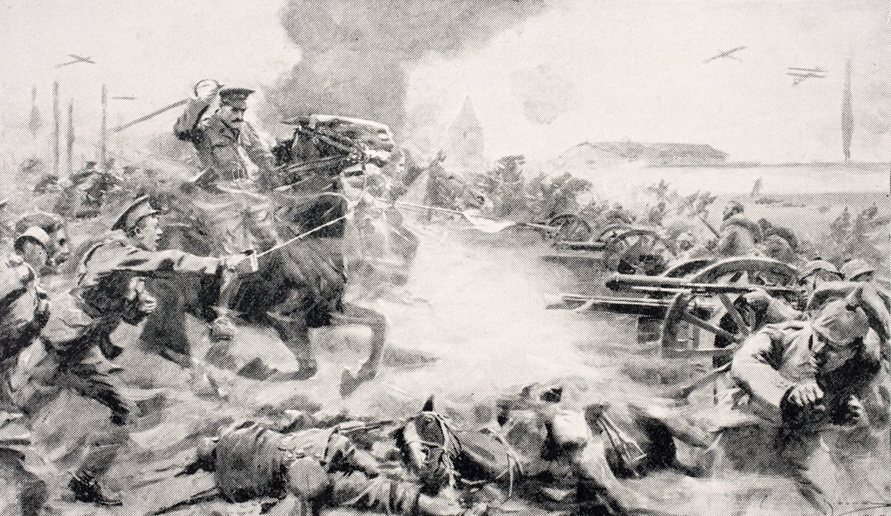 Kapitány F.O. Grenfell, VC, a 9. Lancers irányítója, hogy visszaszerezze az elfogott fegyvereket Doubon közelében, 1914. augusztus 24-én a „The War Illustrated Album de Luxe” című kiadványból, amelyet 1916-ban Londonban adtak ki. alkotó: English School