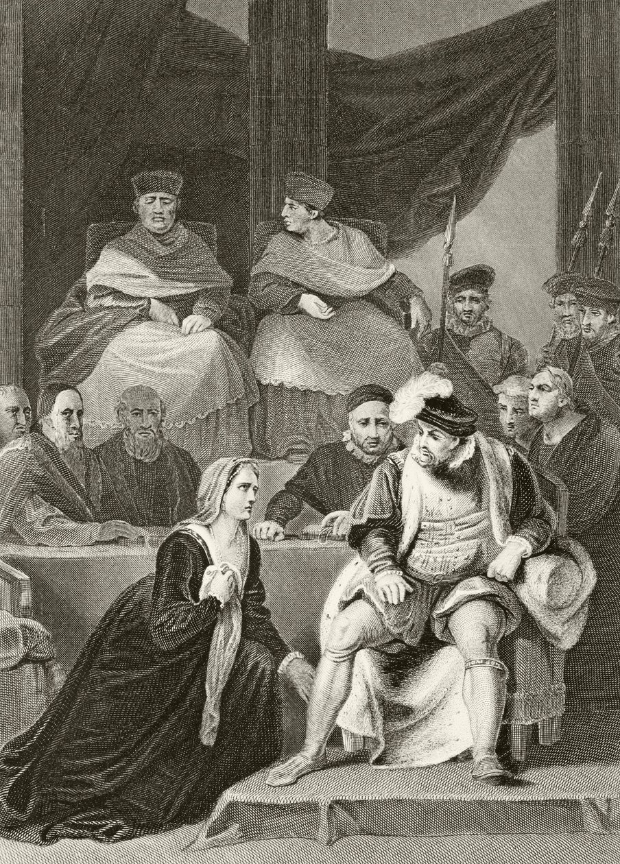Aragóniai Katalin férje, VIII. Henrik király előtt térdel a házasságuk tárgyalása alatt, William Hickman Smith Aubrey (1858-1916) „Anglia nemzeti és hazai története” című könyvéből. alkotó: English School