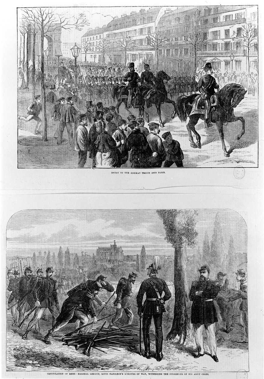 A német csapatok belépése Párizsba, 1871. március 2.; Metz kapitulációja, 1870. október 27. Leboeuf marsall, Louis Napóleon hadügyminisztere, tanúja volt hadserege feladásának (metszet alkotó: English School