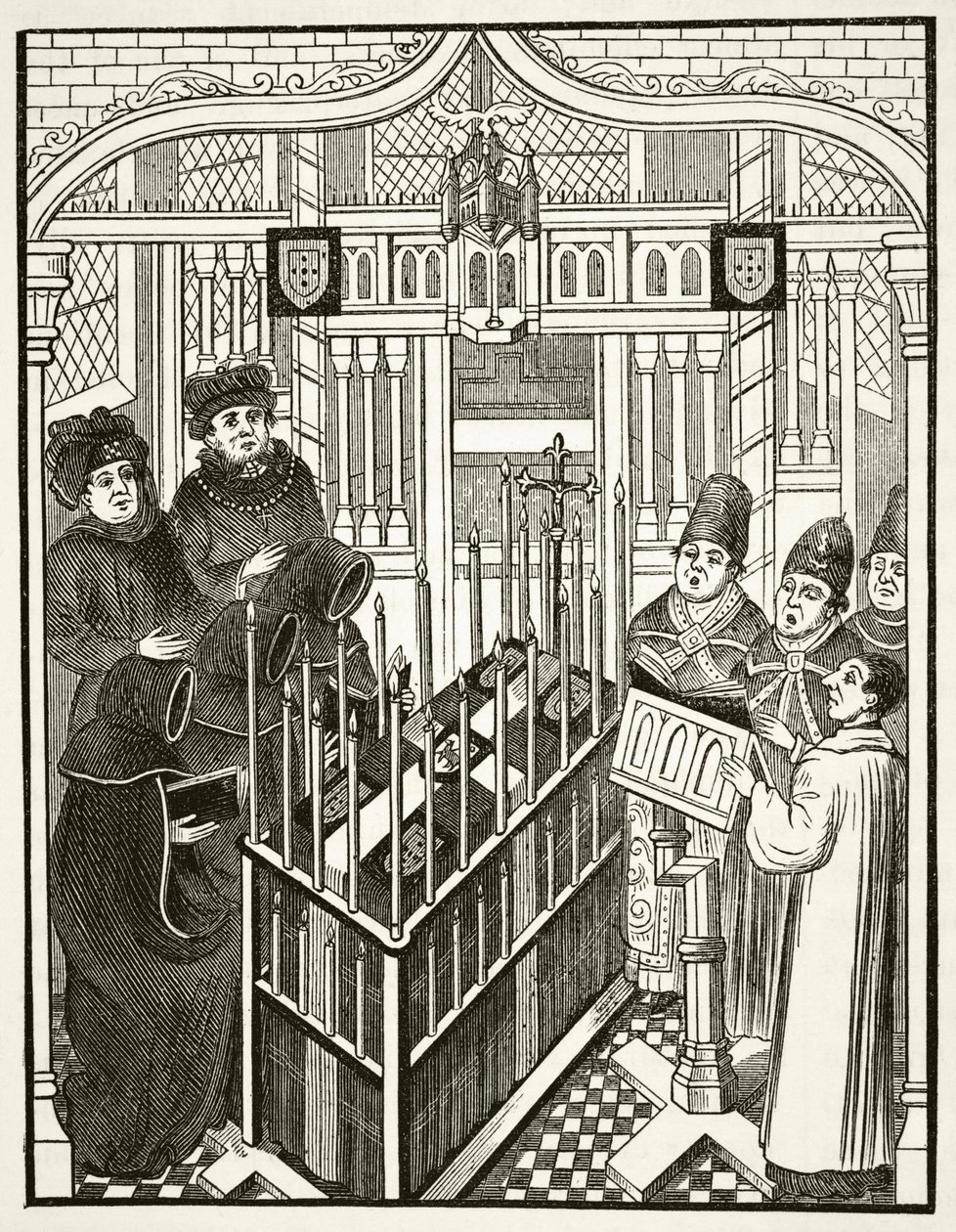 Temetési szertartás a 15. században jelentős személy számára, William Hickman Smith Aubrey (1858-1916) „Anglia nemzeti és hazai története” című művéből, London, 1890 körül alkotó: English School