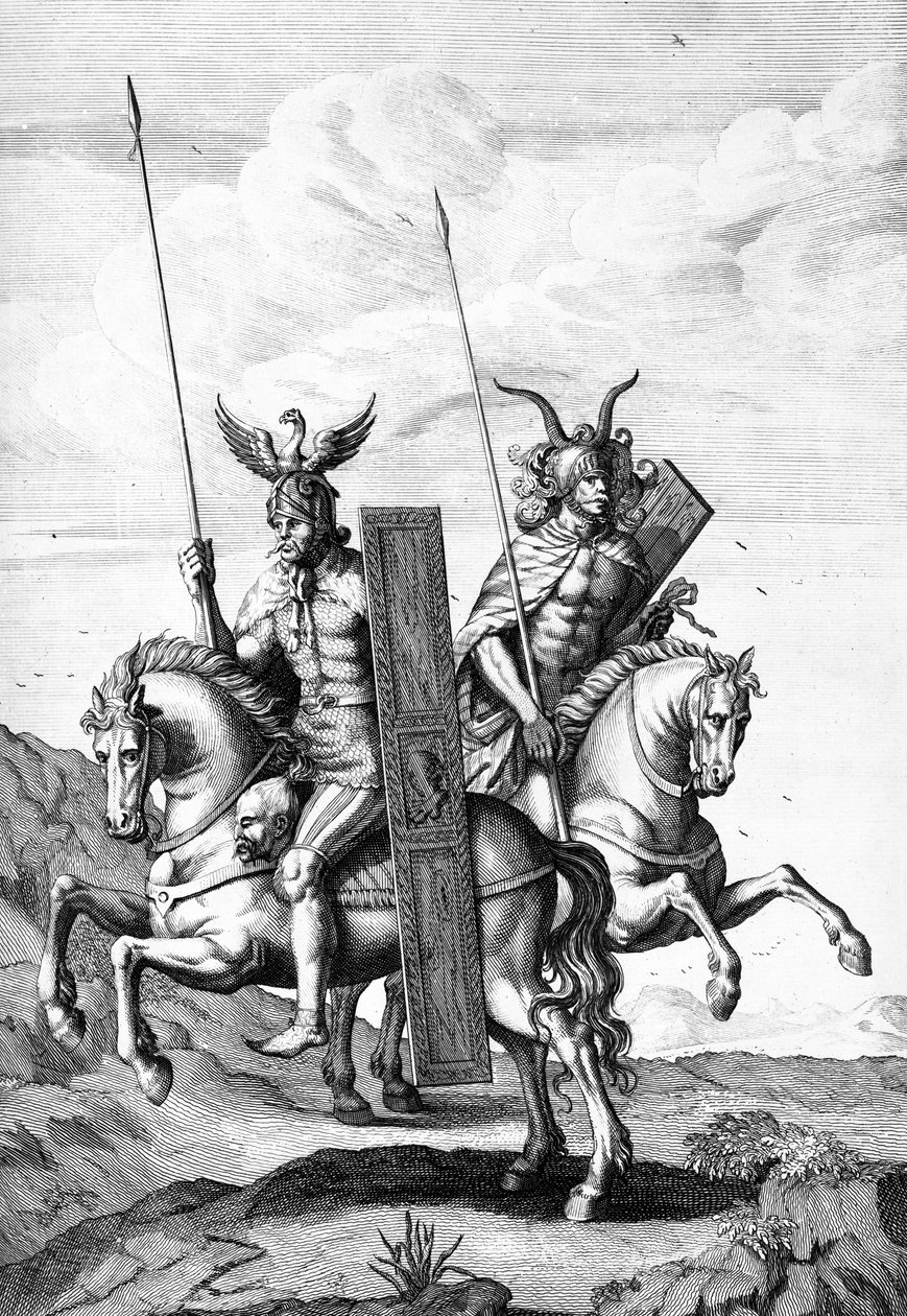Német katonák sisakjaikkal, pajzsokkal és lándzsákkal, vésette Cornelis Huyberts, a William Duncan által angolra fordított „Caesar