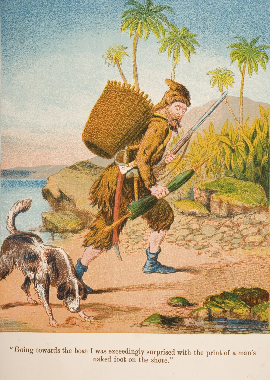 "A csónak felé haladva rendkívül meglepett egy férfi meztelen lábának lenyomata a parton.", illusztráció Daniel Defoe (1660-1731) Robinson Crusoe című művéből (1860-as évek) (kromolito). alkotó: English School