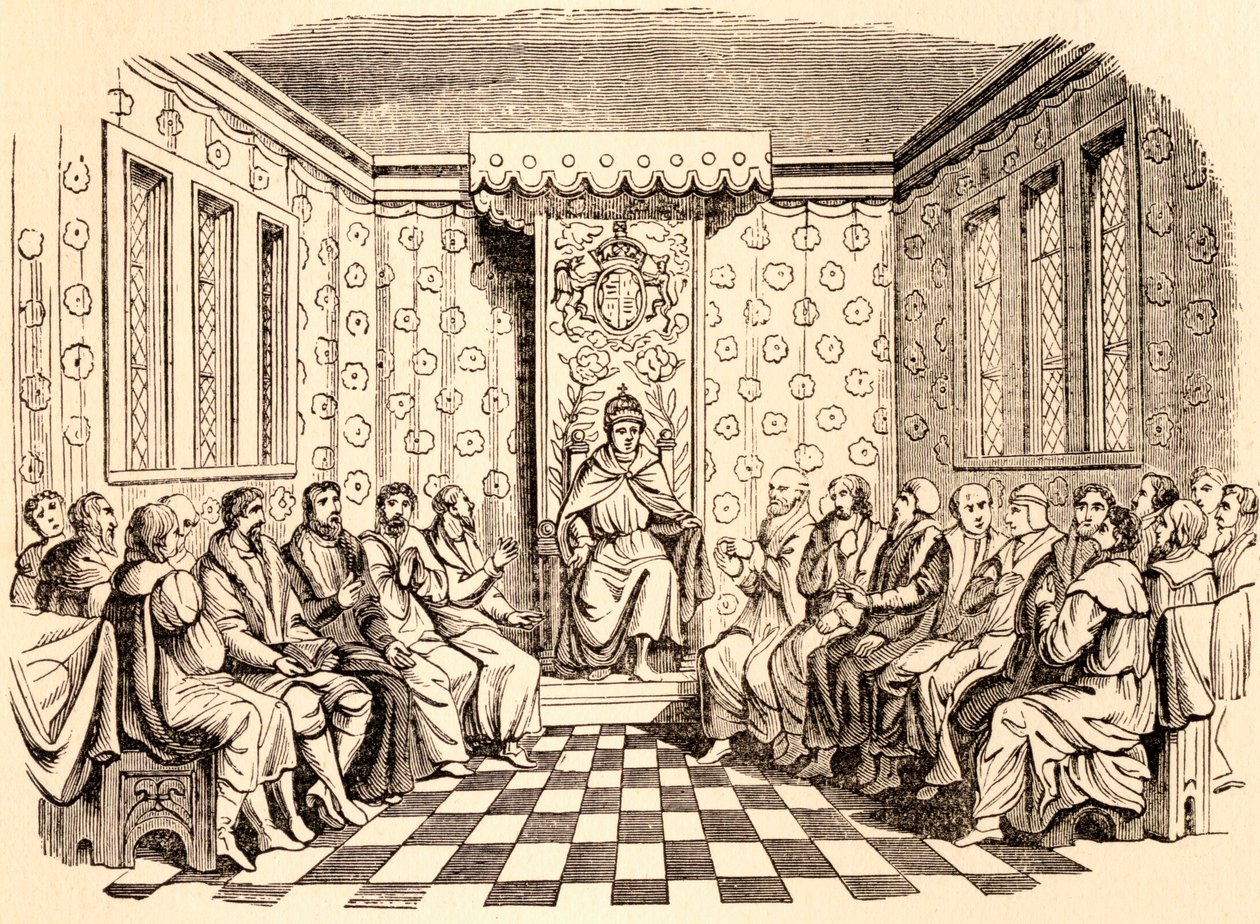 VI. Edward angol király és tanácsa az 1551-es szobrok címoldalán található fametszet után Ernest Law „History of Hampton Court Palace in Tudor Times” című könyvéből, 1885-ben Londonban. alkotó: English School