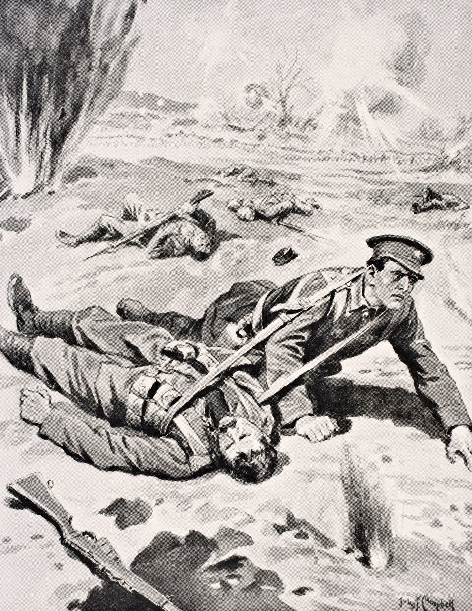 Joseph Tombs VC tizedes a négy sebesült elvtárs egyikével, akiket a franciaországi Armentieres közelében mentett meg 1915. június 16-án a „The War Illustrated Album deLuxe” című kiadványból, amelyet 1916-ban Londonban adtak ki. alkotó: English School