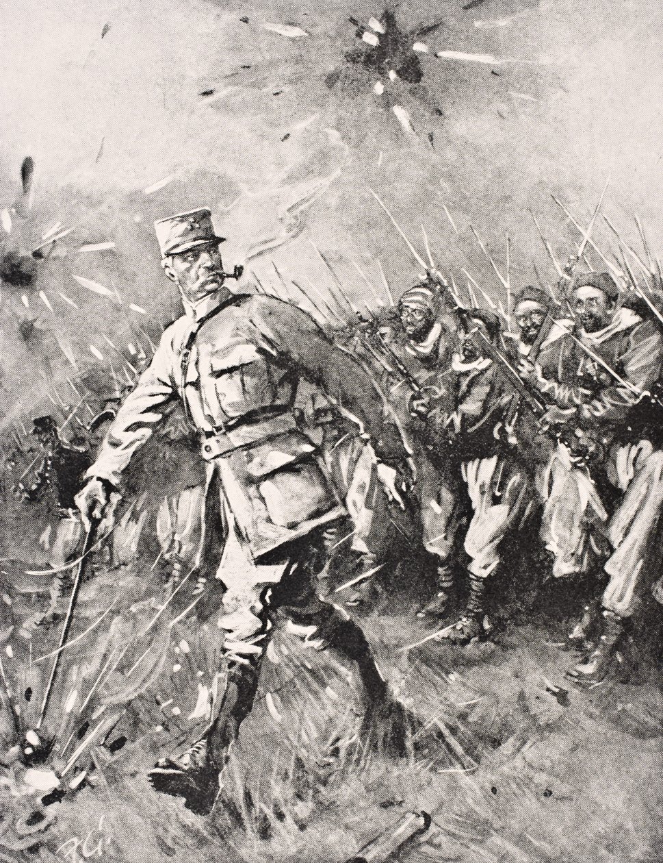 Jean-Baptiste Marchand őrnagy, pipával a szájában, bottal a kezében Zouave és marokkói egységeket vezet a német ellenség nyugati frontja ellen 1915-ben, az 1916-ban Londonban megjelent „The War Illustrated Album deLuxe”-ból ( alkotó: English School