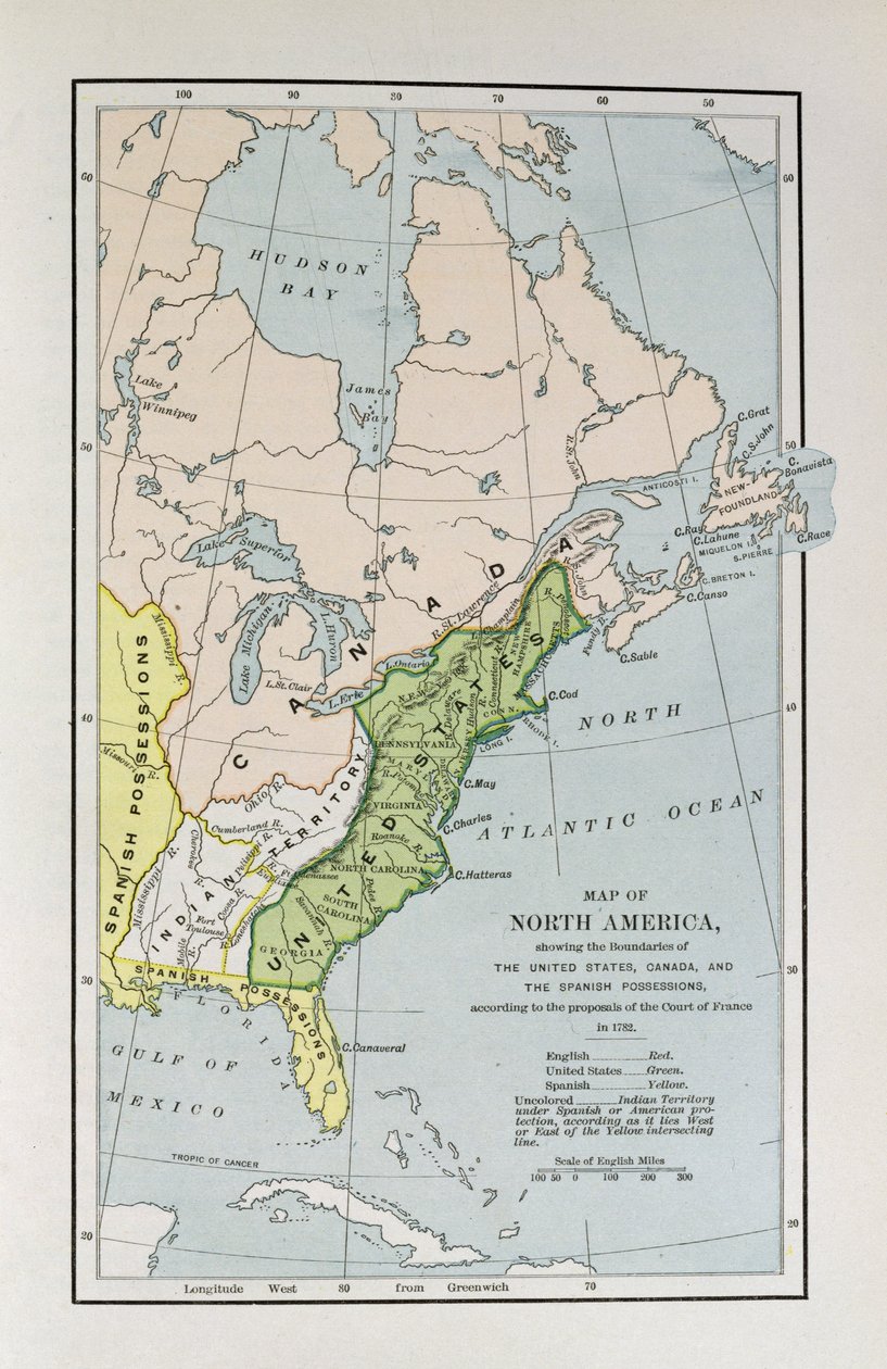 Észak-Amerika térképe, amely az Egyesült Államok, Kanada és a spanyol birtokok határait mutatja, a francia bíróság 1782-es javaslata szerint, a „The Narrative and Critical Histo” c. alkotó: English School