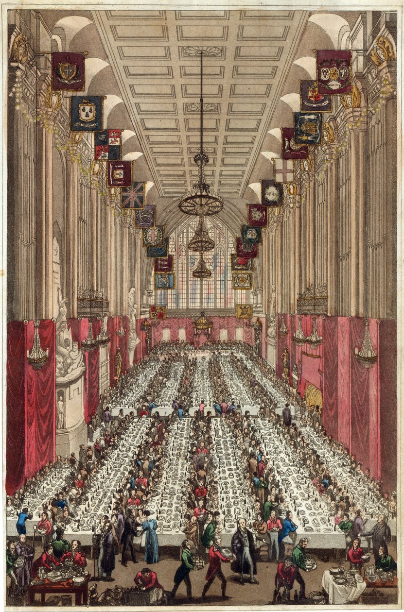A Guildhall belső tereinek bemutatása a király és a királynő látogatása alkalmából, Ald beavató vacsoráján. Kulcs a londoni polgármesterséghez, 1830. november 9 alkotó: English School
