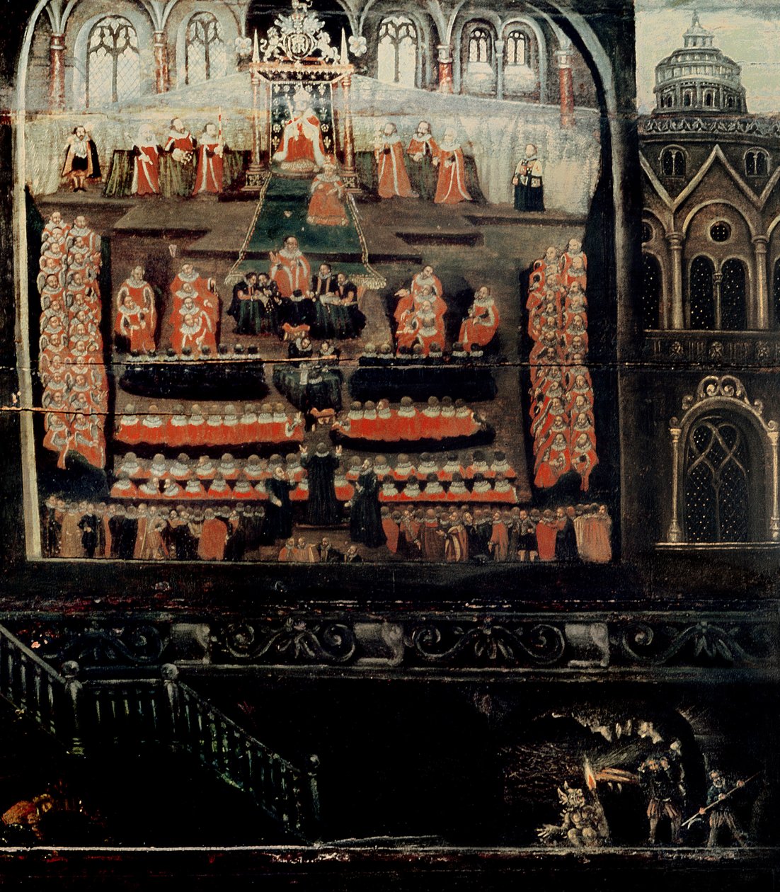 A Diptichon jobb oldalán I. Jakab angol parlament, VI Skócia (1566-1625) parlamentje és a lőporos telek látható, a lőporrajzolók részlete a jobb alsó sarokból (olaj a p. alkotó: English School