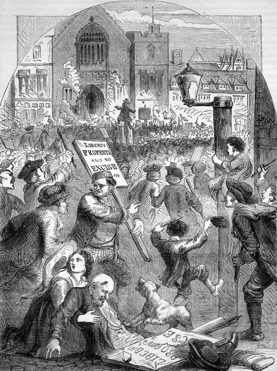 Riotous Assembly a Parlament előtt a jövedéki adó bevezetéséről, illusztráció Cassell, Petter és Galpin „Anglia néptörténete” című könyvéből, 1890 körül. alkotó: English School