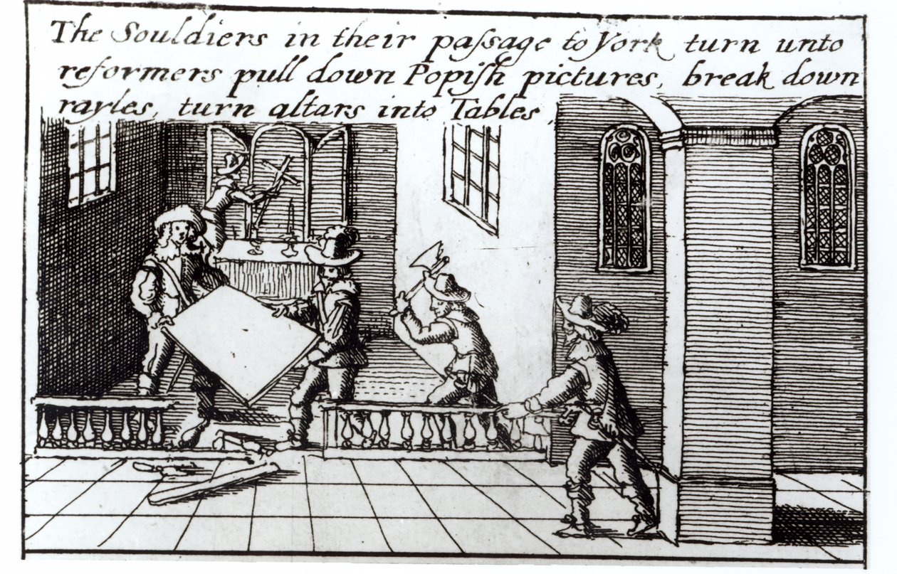 A katonák a yorki átjáróban reformátorokká válnak, lebontják a Popish Pictures-et, lebontják a Rayles-t, az oltárokat asztalokká alakítják (metszet) (bw fotó) alkotó: English School