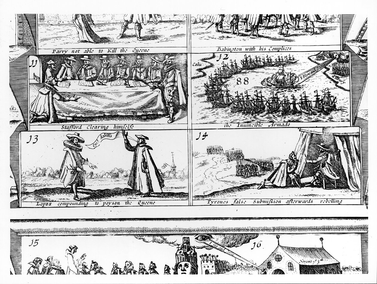 Stafford Clearing Yourself, the Invincible Armada, Lopas Compounding to Poison the Queen, Tyrone hamis behódolása a lázadás után, vésette Cornelius Danckerts (kb. 1603-56) alkotó: English School