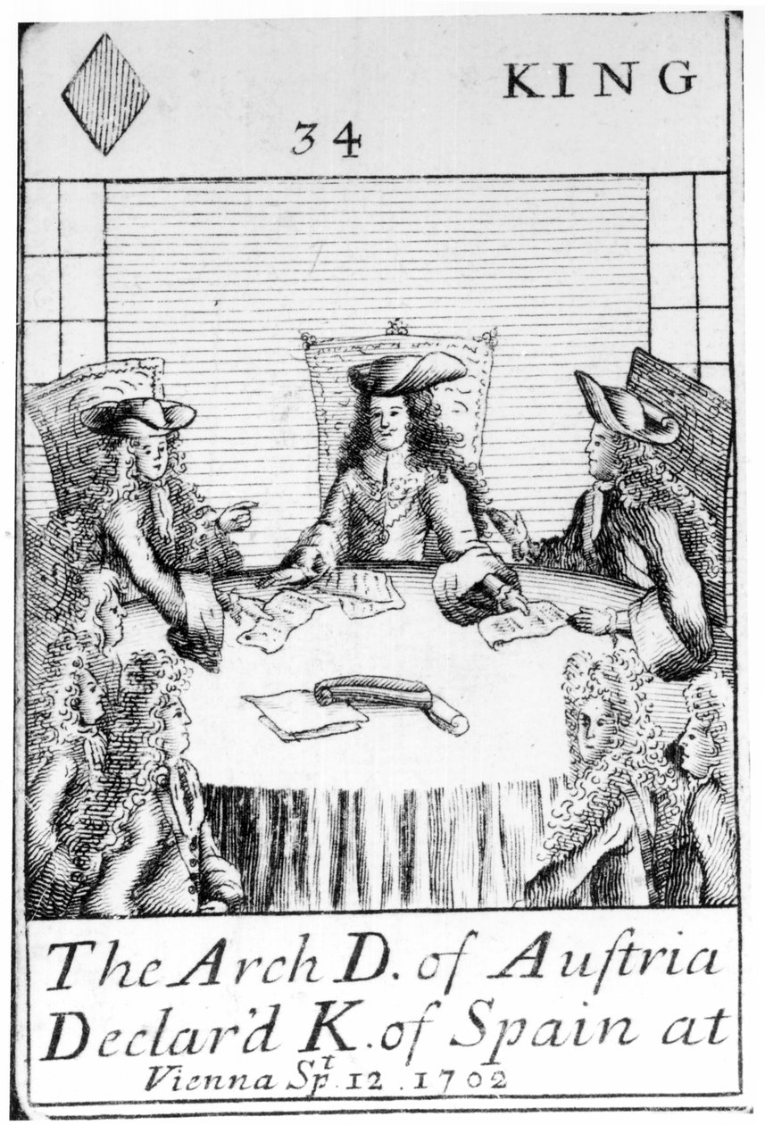 Ausztria főhercege 1702. szeptember 12-én Bécsben Spanyolország királyává nyilvánította, a gyémántok királya játékkártya a spanyol örökösödési háború (1702-13) emlékére készült készletből alkotó: English School