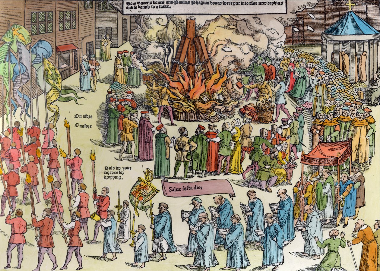 Martin Bucer (1491-1551) és Paul Fagius (1504-49) földi maradványainak elégetése a cambridge-i Market Hillen 1557-ben, John Foxe (1516-87) „Cselekedetek és emlékművek” című művéből, 1563 (későbbi színezés) alkotó: English School