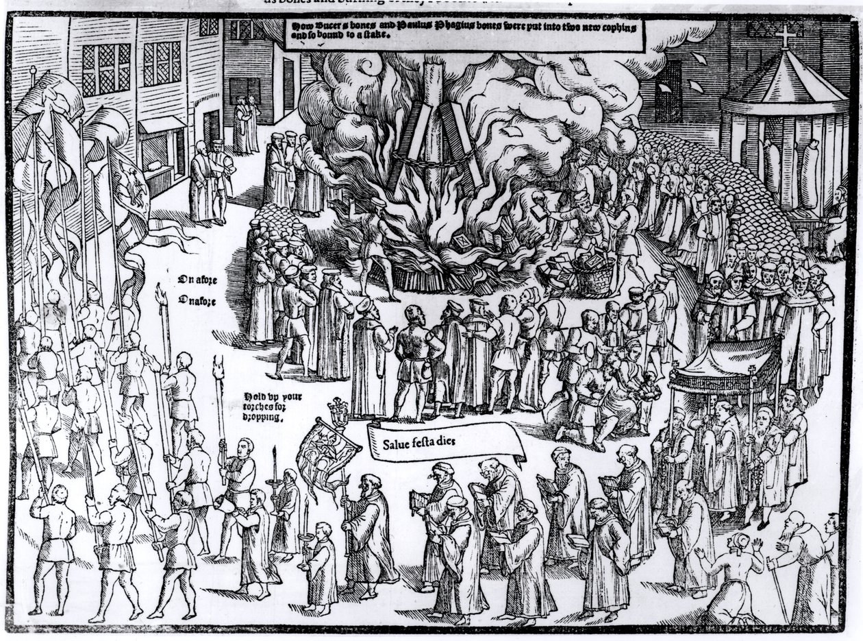 Martin Bucer (1491-1551) és Paul Fagius (1504-49) földi maradványainak felgyújtása a cambridge-i Market Hillen 1557-ben, John Foxe (1516-87) „Cselekedetek és emlékművek” című művéből, 1563 alkotó: English School