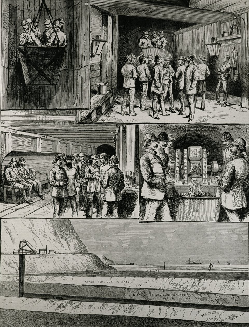 A Csatorna-alagút Doverben működik: Going Down in the Cage; Érkezés az akna aljára; Swindon Junction; Sűrített levegős fúrógép; Section of Tunnel, a „The Illustrated London News”-ból, 4 alkotó: English School