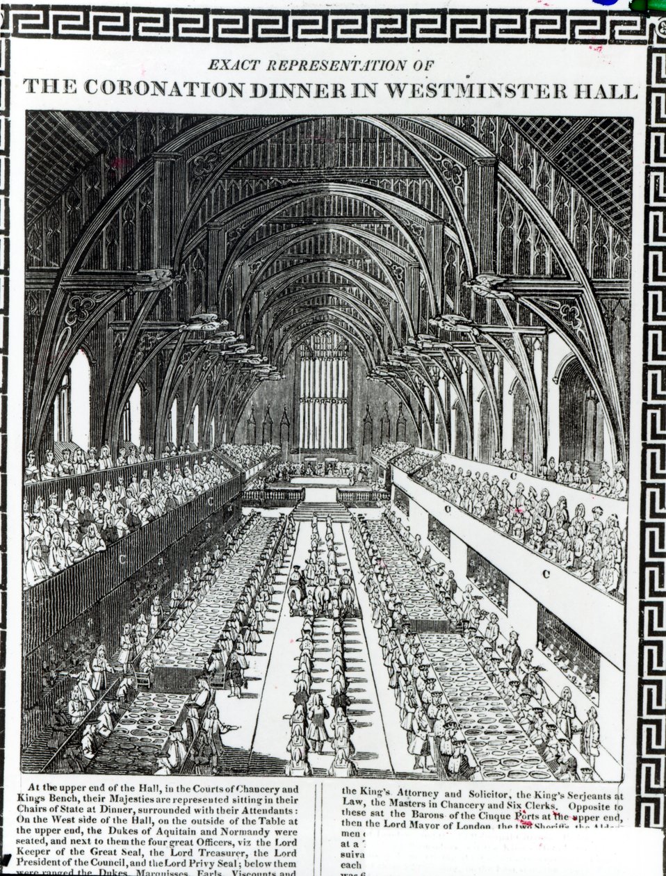 A koronázási bankett a Westminster Hallban, Francis Sandford (1630-94) III. Vilmos király (1650-1702) és II. Mária királynő (1662-94) koronázásáról szóló könyvből alkotó: English School