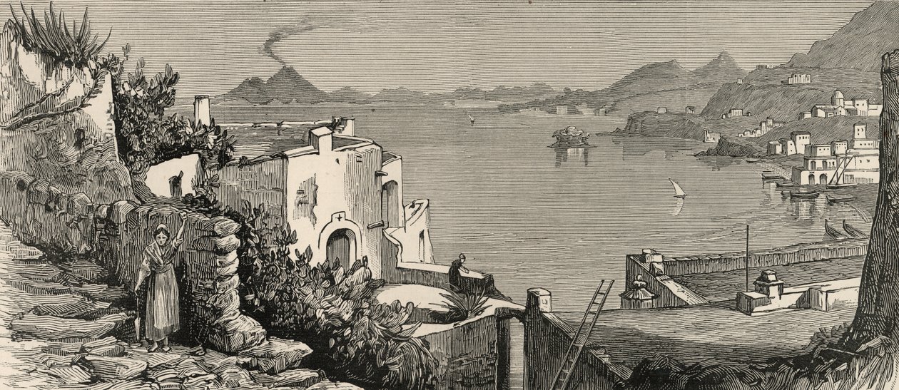 A katasztrofális földrengés Ischiában: Casamicciola tengerpartja és városa Lacco faluból, a „The Graphic”-ból, 1883. augusztus 4. (metszet) alkotó: English School