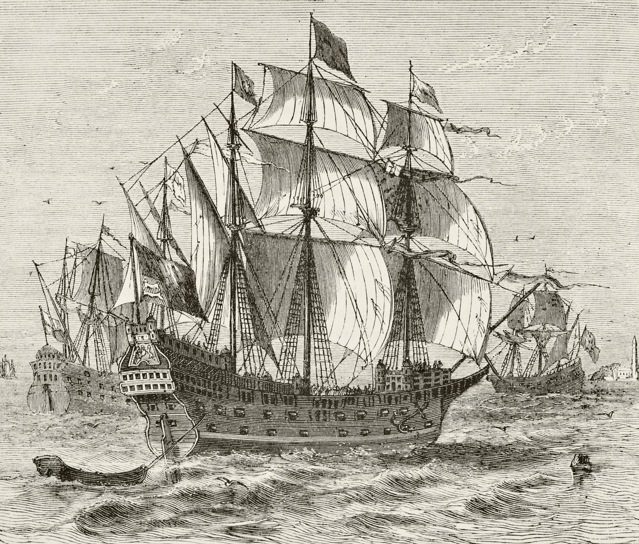 Az 1513-ban épített Harry Grace A Dieu angol hadihajó William Hickman Smith Aubrey (1858-1916) „Anglia nemzeti és hazai története” című könyvéből, London, 1890 körül. alkotó: English School