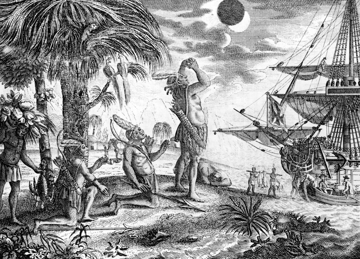 Az indiánok megdöbbentek a Kolumbusz által megjövendölt holdfogyatkozáson, illusztrációja Edward George Cavendish „A hiteles és szórakoztató utazások és utazások új egyetemes gyűjteményéből”, 177. alkotó: English School
