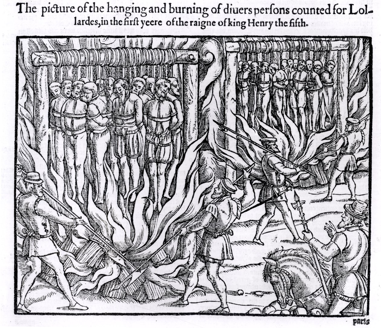 A Lollardok számára számon tartott különféle személyek felakasztásának és elégetésének képe V. Henrik király uralkodásának első évében, John Foxe (1516-87) „Cselekedetek és emlékművek” című művéből, 1563 (bundw ph) alkotó: English School