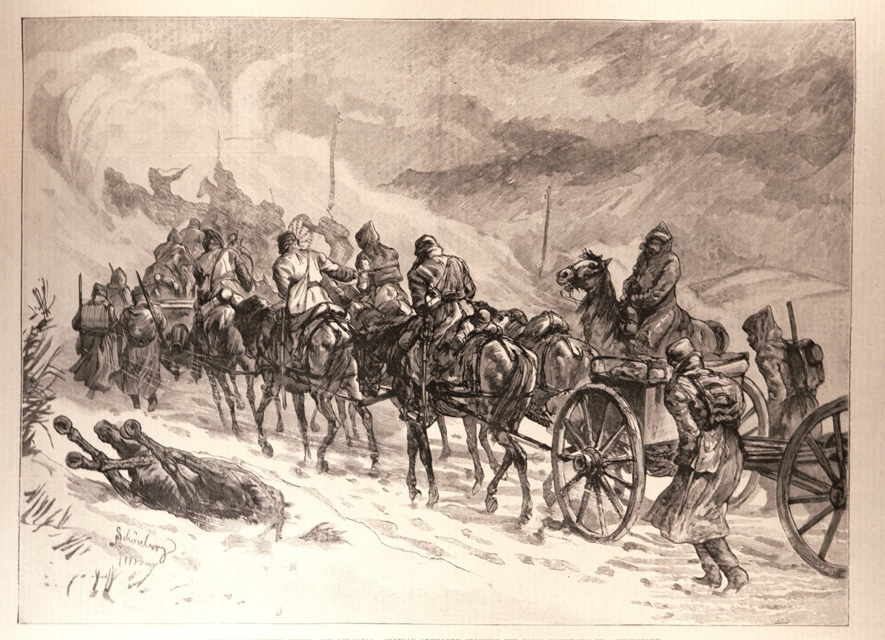 The War Between Servia és Bulgária: Servian Tüzérség átkel a Ploca-hegységen egy hóviharban, J. Schonberg vázlatából, a „The Illustrated London News”-ból, 1886. január 16. alkotó: English School