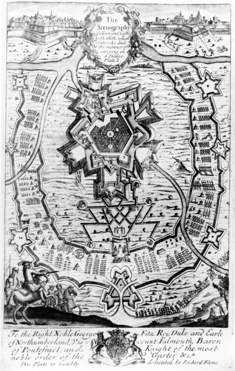Egy város és kastély szcenográfiája a szokásos kivitelezéssel és az ostrom végrehajtásának módjával, Richard Blome 1686-ban kiadott „Az úri üdülés” című művéből (metszet) alkotó: English School