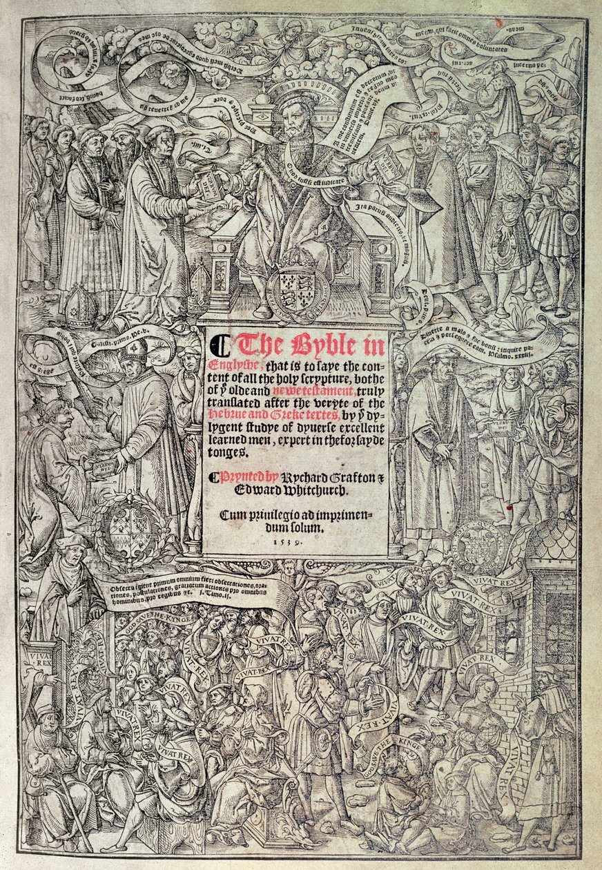Címlap, amely a Nagy Biblia angol fordítását mutatja be, héber és görög szövegekből fordította, Richard Grafton és Edward Whitchurch nyomtatta, 1539 körül (fametszet) alkotó: English School