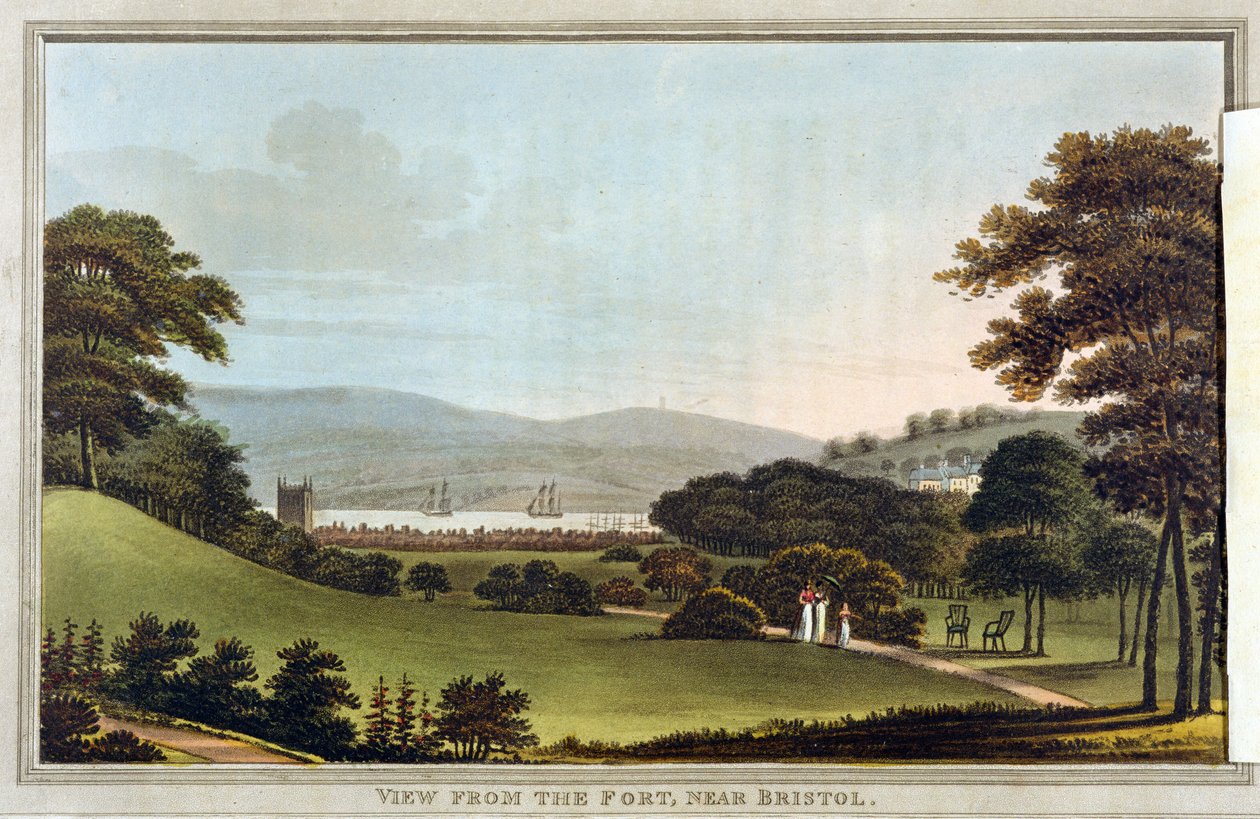 Kilátás a Bristol melletti erődből, Humphrey Repton (1752-1818) "Observations on the Theory and Practice of Landscape Gardening" című művéből (színes akvatinta, fedőlap nélkül) (lásd még 245523). alkotó: English School