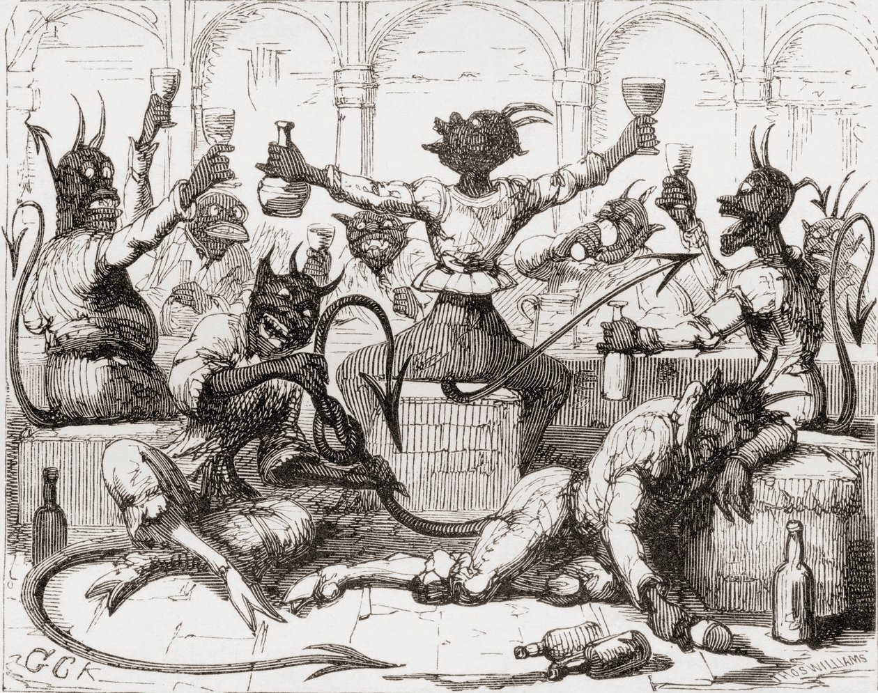 „Miközben Belzebub hatalmas csomókat köt a meséjében”, illusztráció George Cruikshank nyomán a „Szent Cuthbert fekvése” című vershez, „The Ingoldsby legendák vagy Mirth és csodák”, Thomas Ingoldsby, p. alkotó: English School