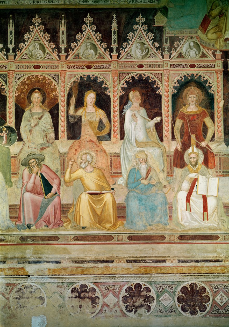 A katolikus doktrína diadala, a gyakorlati teológia és Boethius részlete, a Remény és Damaszkuszi Szent János, Hit és Szent Dénes Areopagita, Szeretetszolgálat és Szent Ágoston, a Spanyol kápolnából, 13 alkotó: Andrea di Bonaiuto
