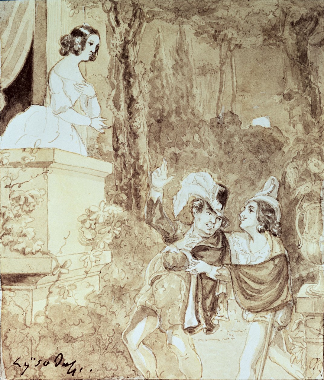 Leporello szerenádot ad Elvirának a mögötte álló Don Giovanni (Don Juan) alakjában, II. felvonás I. jelenet, Wolfgang Amadeus Mozart (1756-91) "Don Giovanni" című művéből (toll és víz). alkotó: Austrian School