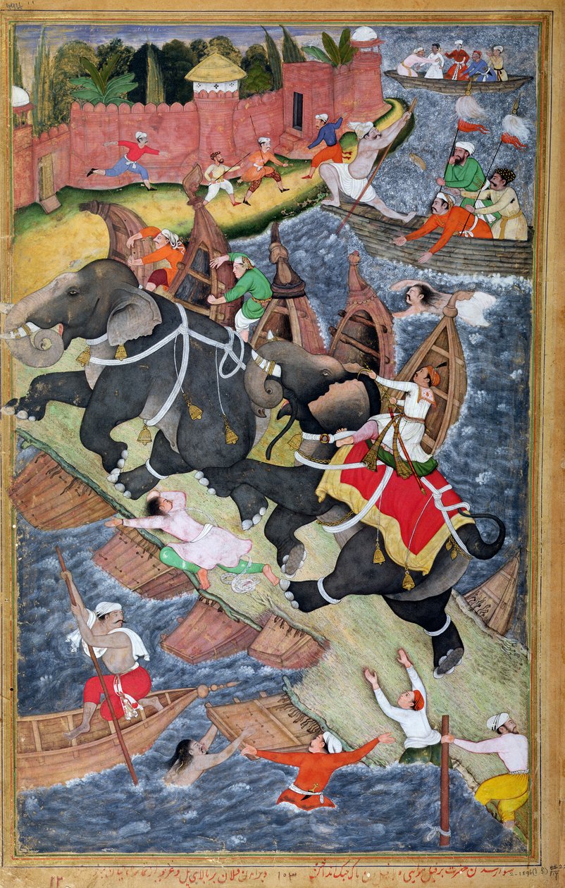Akbar megszelídíti a Vad Elefántot, Hawai, az agrai Vörös Erődön kívül, miniatűr Abul Fazl 