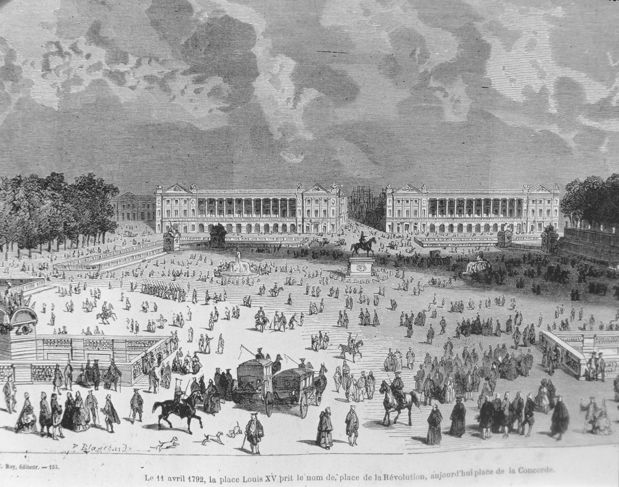 1792. április 11-én a XV. Lajos teret Place de la Revolution névre keresztelték, ma pedig Place de la Concorde nevet viselik, a „Paris a travers les siecles” illusztrációja. 3. kötet, H. Gourdon de Genouillac, 188 alkotó: Blanchard
